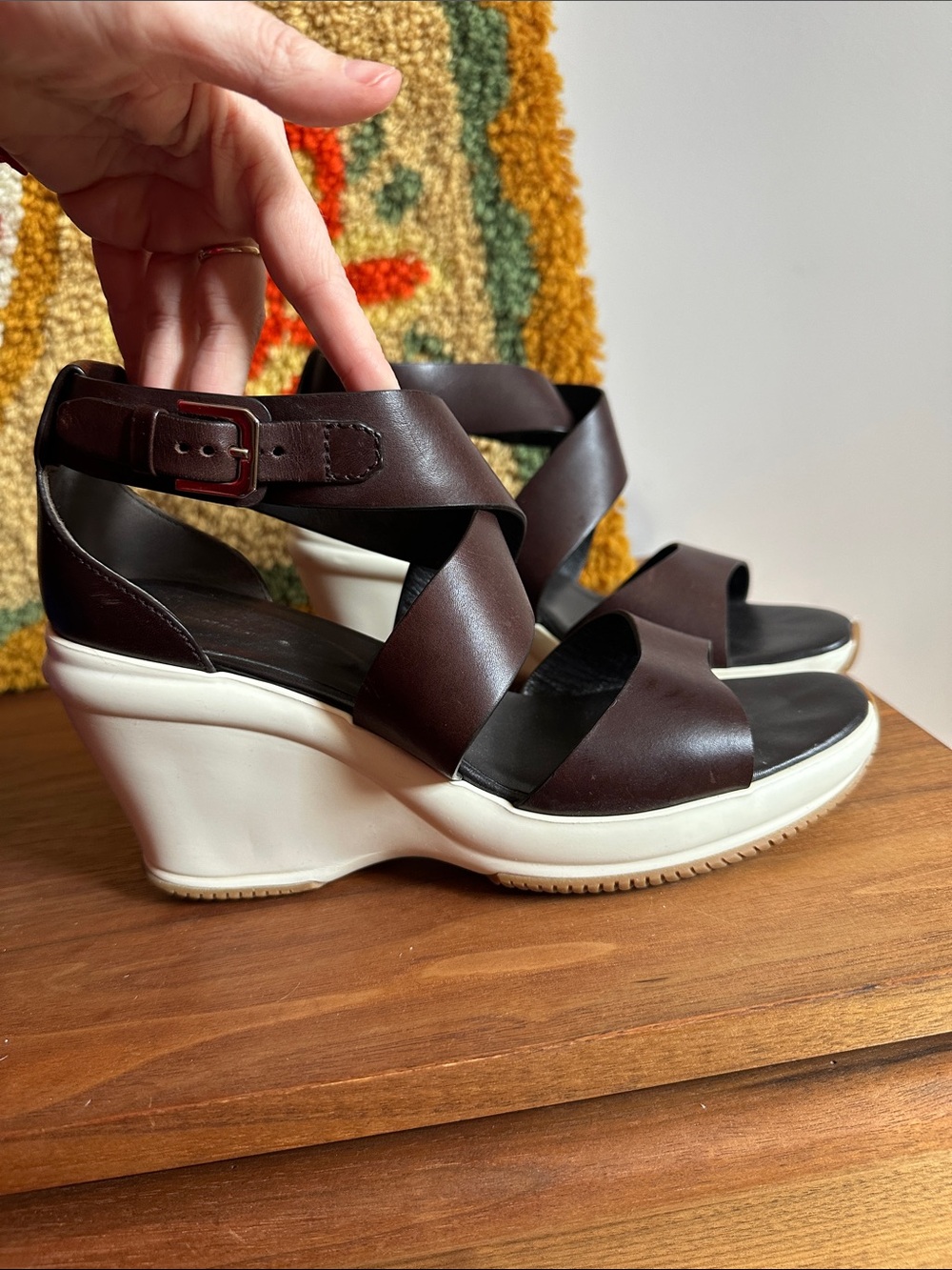 Hogan Women's Brown Leather Crisscross Wedge Sandals